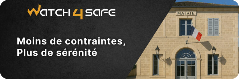 Mairie française avec drapeau tricolore et slogan Watch4Safe « Moins de contraintes, plus de sérénité »