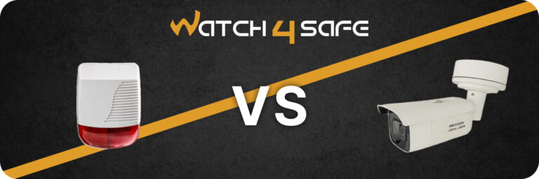 Image promotionnelle Watch4Safe montrant une sirène d’alarme à gauche et une caméra de surveillance Hikvision à droite, séparées par une diagonale orange avec le mot “VS” au centre.