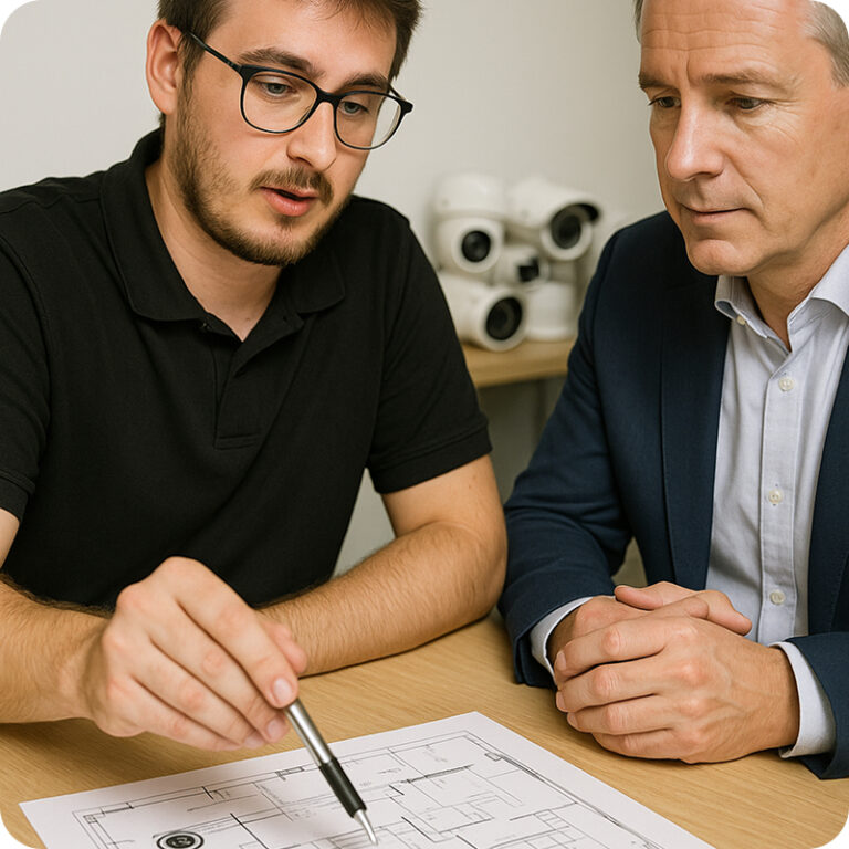 Installateur Watch4Safe présentant un plan d’installation de vidéosurveillance à un client
