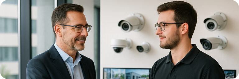 Client serrant la main d’un installateur Watch4Safe devant des caméras de vidéosurveillance exposées