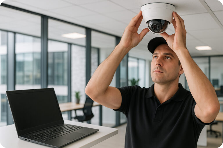 Technicien professionnel installant une caméra de vidéosurveillance au plafond avec un ordinateur portable pour configuration