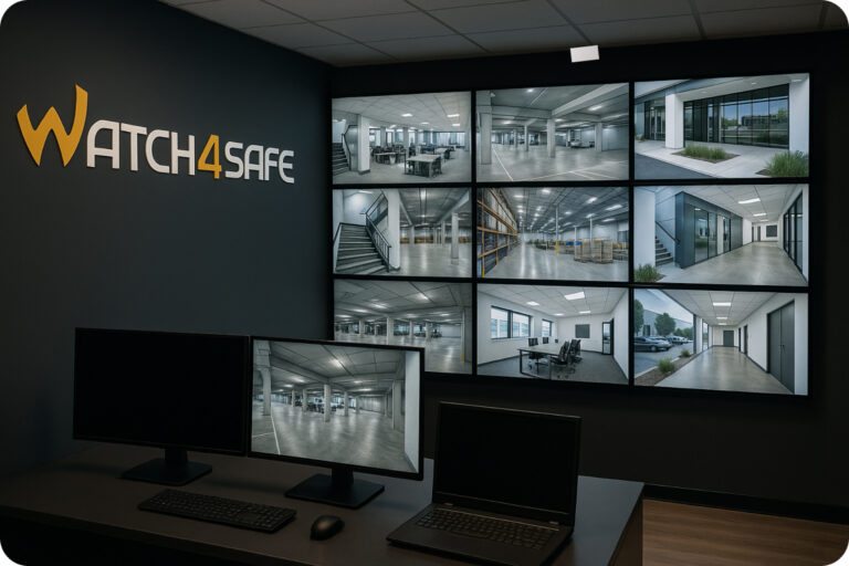Salle de contrôle Watch4Safe avec écrans affichant les images de vidéosurveillance d’un site professionnel